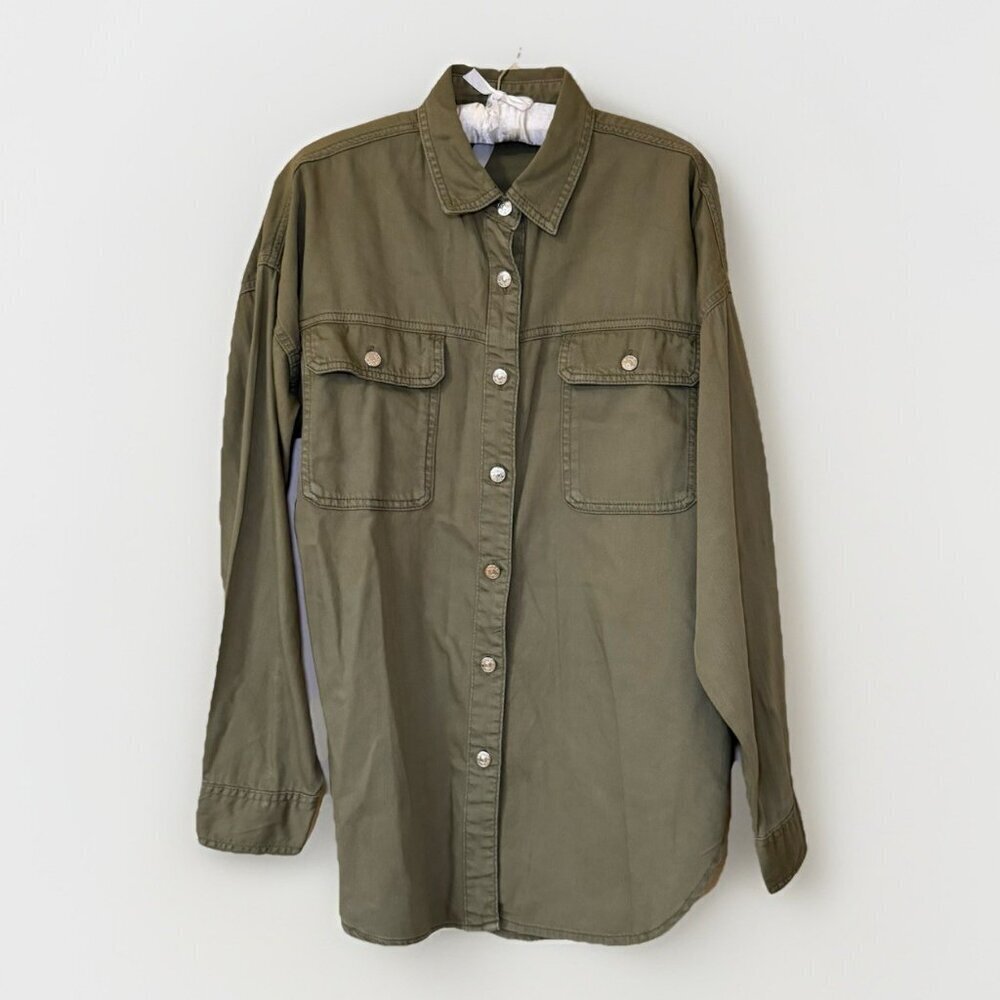 NEXT Ladies Denim Oversized Shirt Jacket Shacket Olive Green Size Medium